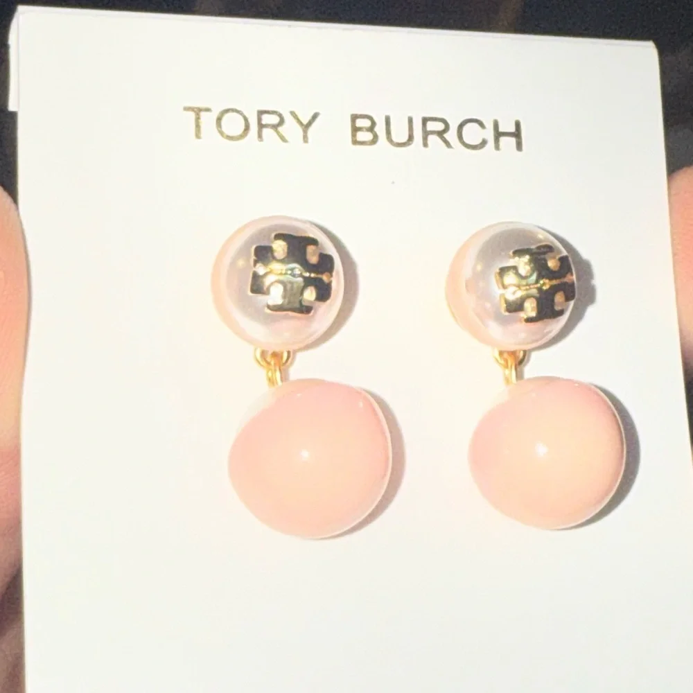 Tory Burch Soft Pink and Gold Double Sphere Earrings - Picture 5 of 6